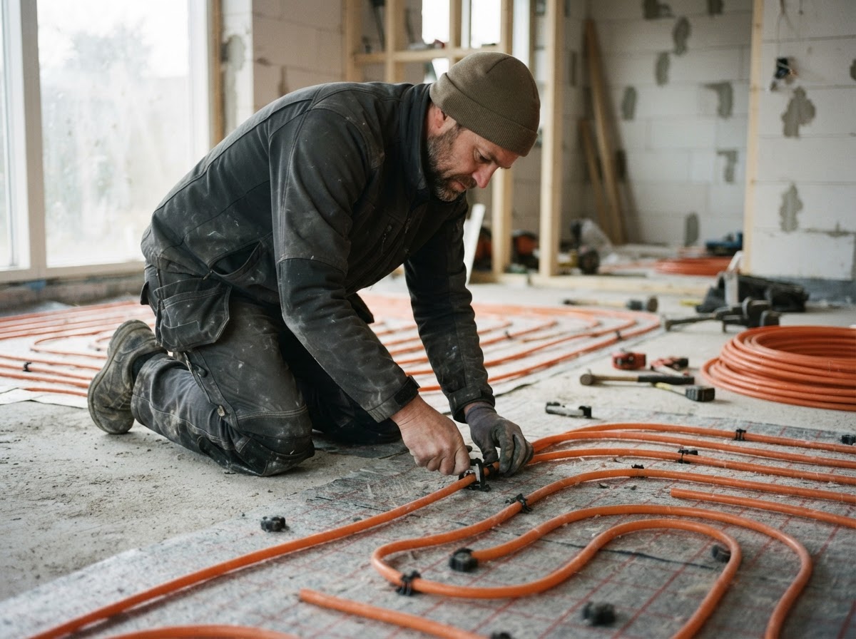 En VVS-installatør lægger orange gulfvarmerør på betongulvet under en renovering