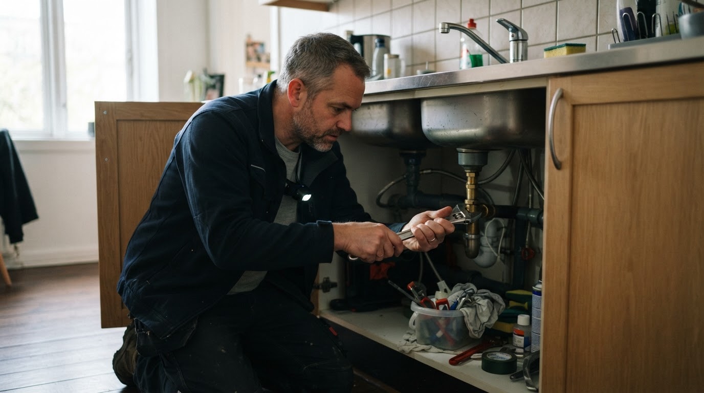 En mandlig VVS-installatør, der knæler under en køkkenvask med en skruenøgle i naturligt dagslys i et almindeligt dansk køkken