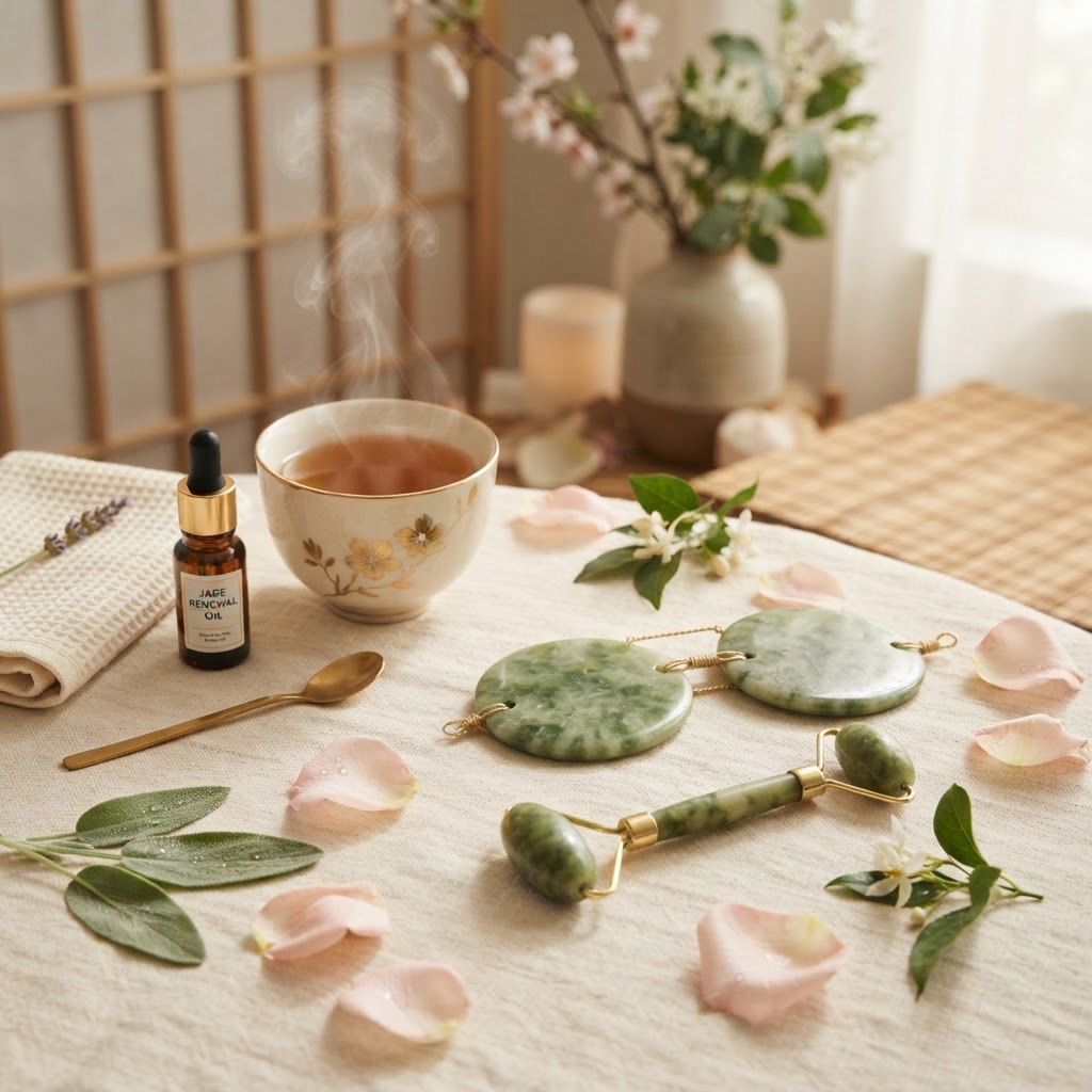 Jade rollers, rose petals and tea in a calm spa setting