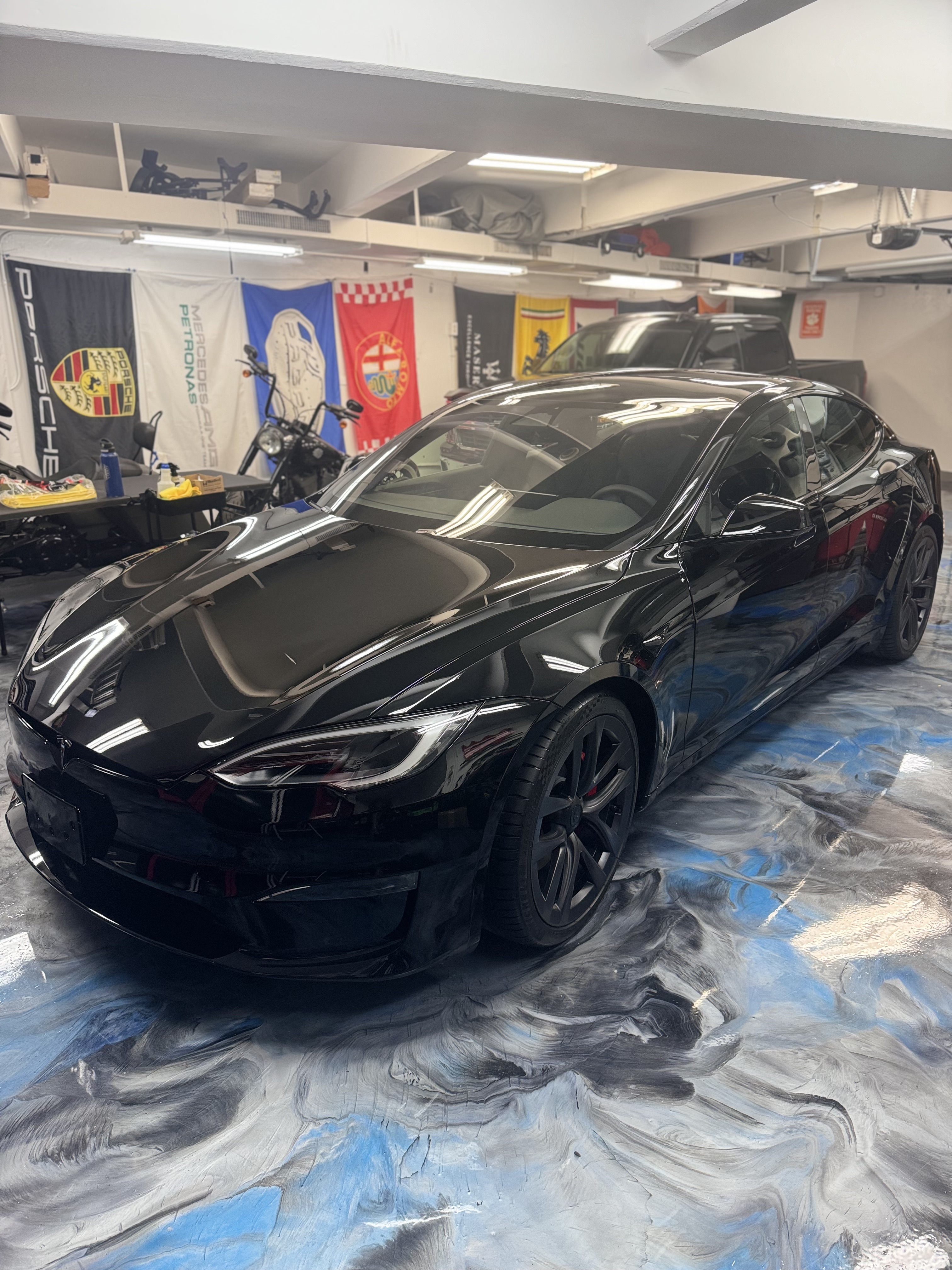 Black Tesla Model S in Honolulu studio with SPP Performance Paint Protection Film and Borophene ceramic coating