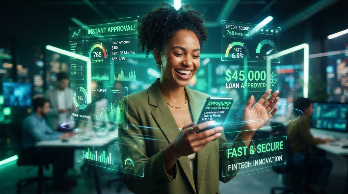 Instant loan qualification interface displaying rapid pre-approval and borrower satisfaction