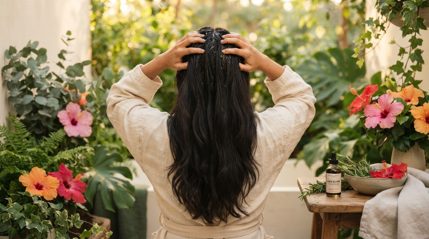 Woman massaging herbal hair oil into her scalp