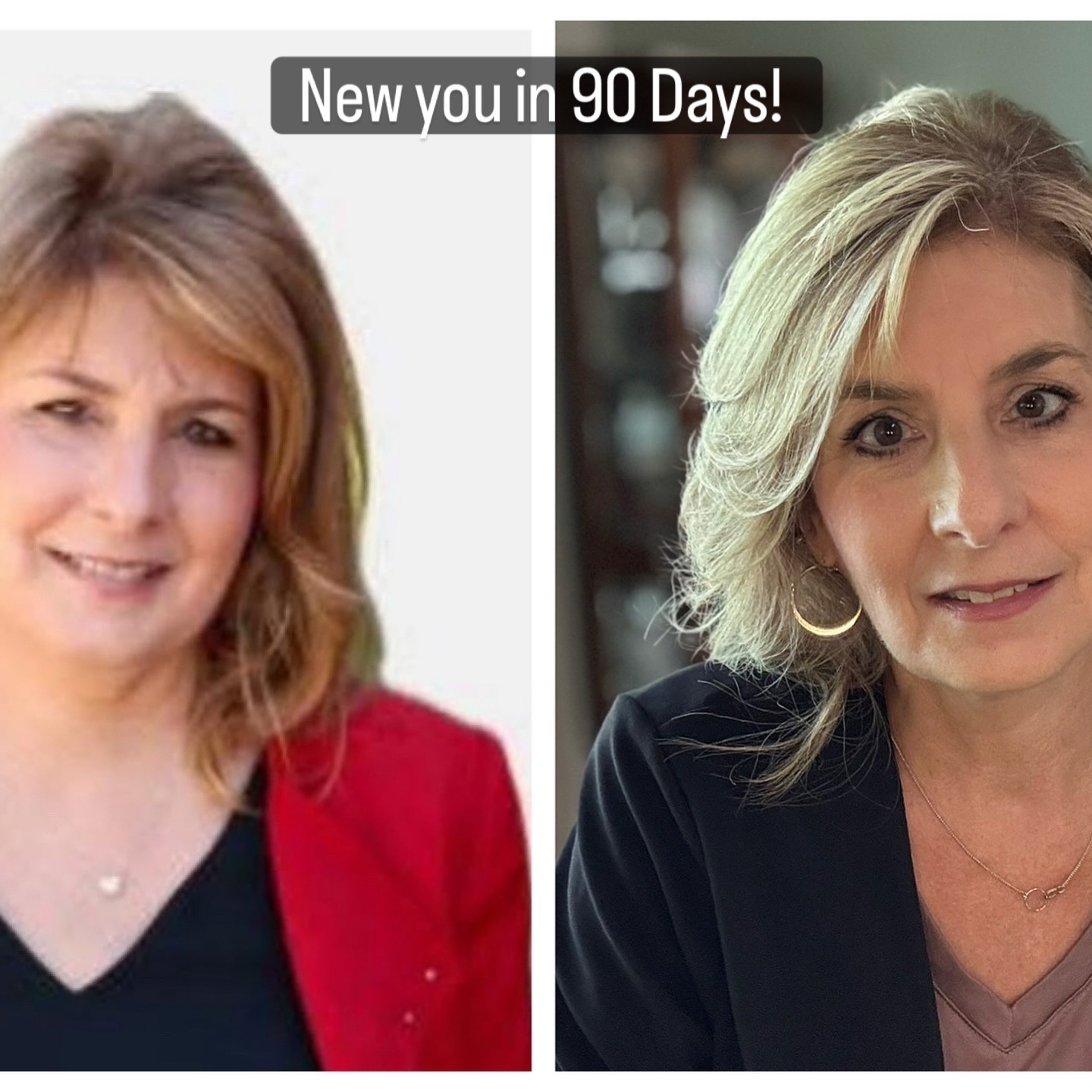 New you in 90 days transformation showing balanced hormones, restored energy, better sleep, down 40 lbs and 15 inches
