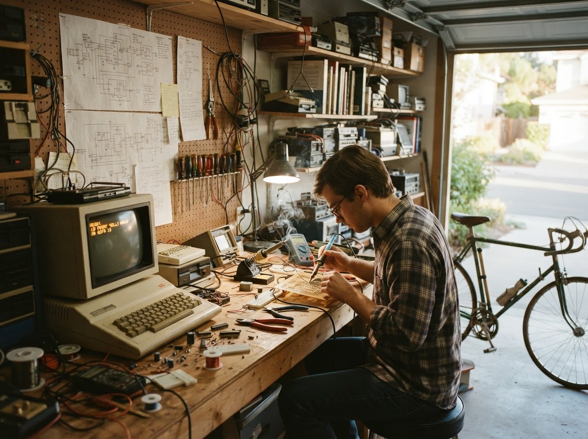 A 1980s Silicon Valley garage workshop with a homemade microcomputer, soldering iron, scattered electronic components, and hand-drawn schematics under warm California afternoon light