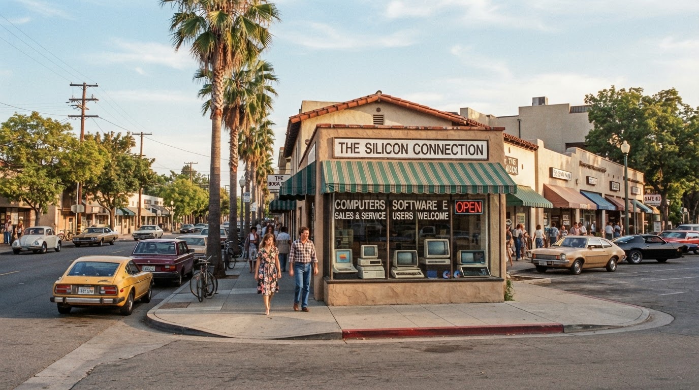Sun-drenched 1980s Palo Alto street with palm trees, low stucco buildings, vintage cars, and a small independent computer shop on the corner under a hazy California sky