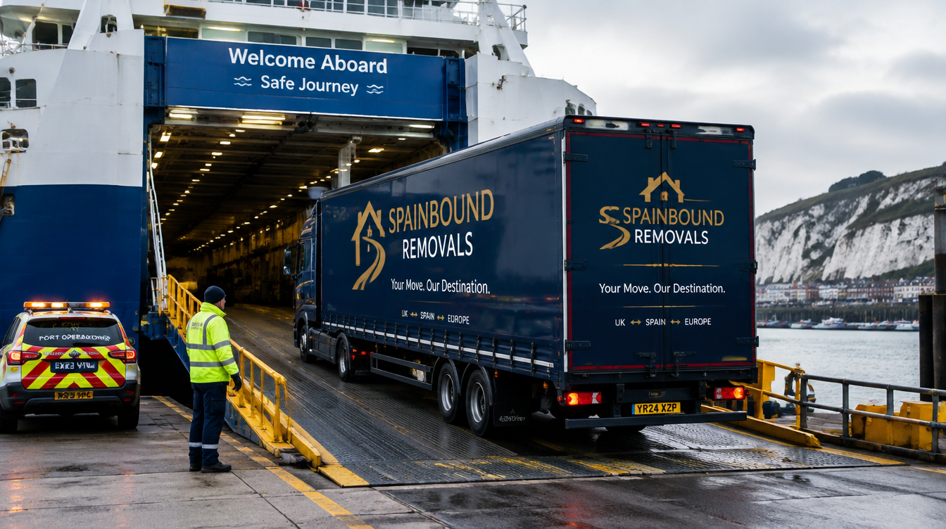 Spainbound Removals HGV boarding cross-channel ferry bound for Spain