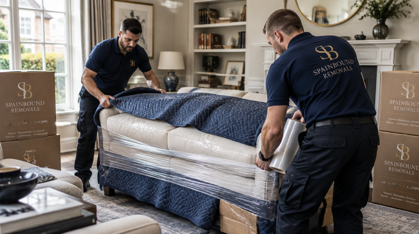 Spainbound Removals crew professionally blanket-wrapping a luxury cream sofa in a client living room