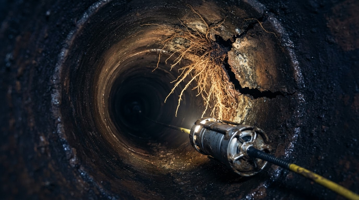 Sewer inspection camera moving through an underground pipe