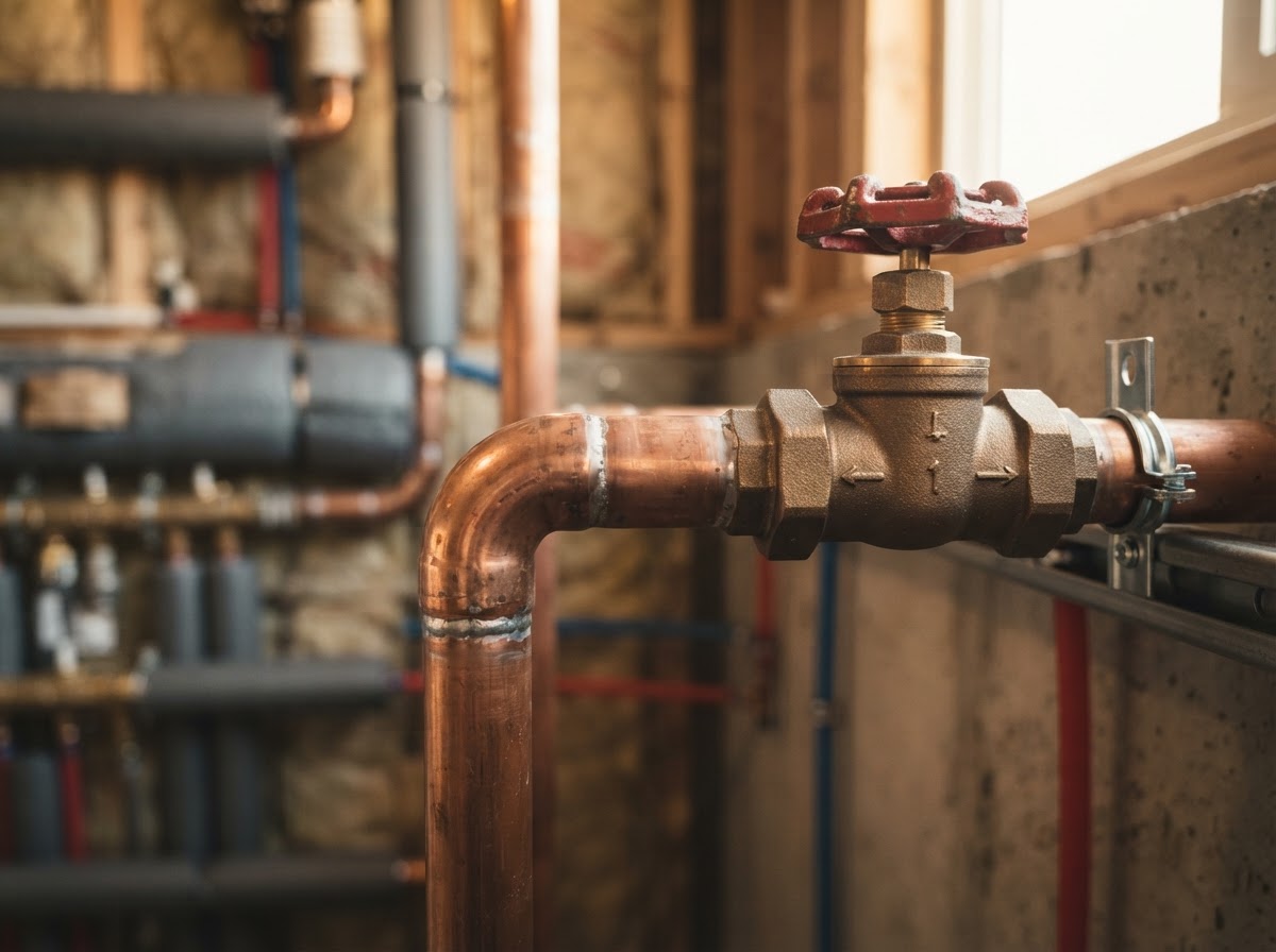 Detailed view of professionally installed residential piping and fittings