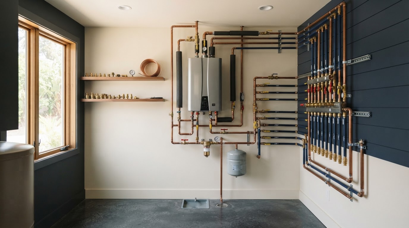 Clean residential plumbing and mechanical room with neatly routed piping