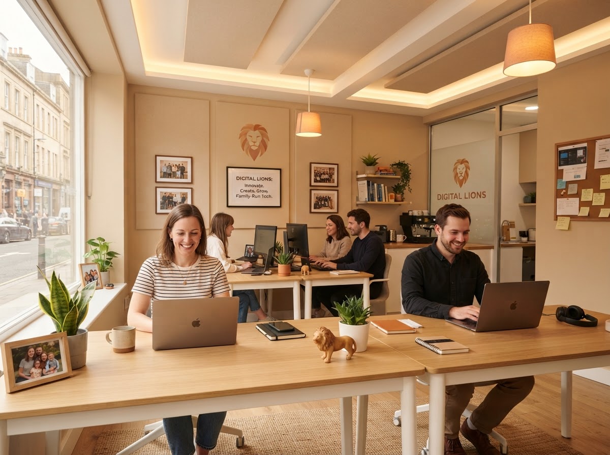 A bright, modern small agency office interior with warm beige walls