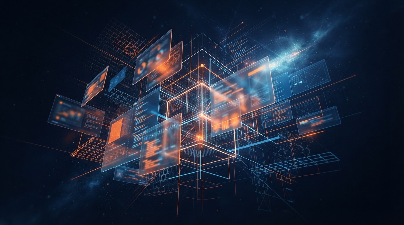 Glowing orange and blue abstract browser and code panels floating over a dark background with geometric layout grids