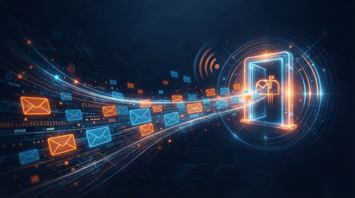 Glowing orange and blue abstract envelope and data-packet shapes flowing into an inbox portal over a dark background