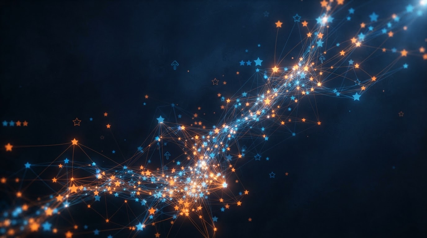 A constellation of glowing orange and blue stars and rating shapes connected by light threads over a dark background