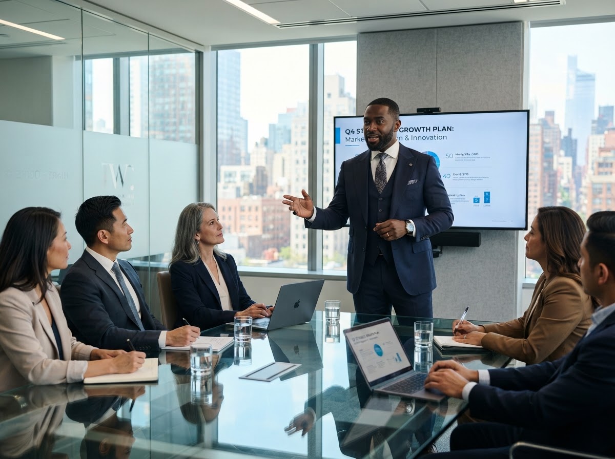 Established Black executive leading a team meeting, making operational decisions as his growing business depends heavily on him