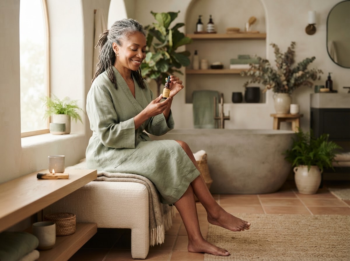 A woman in a calm, sunlit ritual moment with Melanin International essence oil