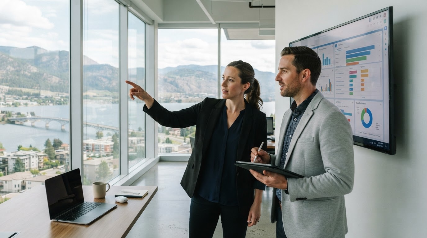 Two business professionals reviewing a CRM dashboard together in a Kelowna office with an Okanagan Lake view