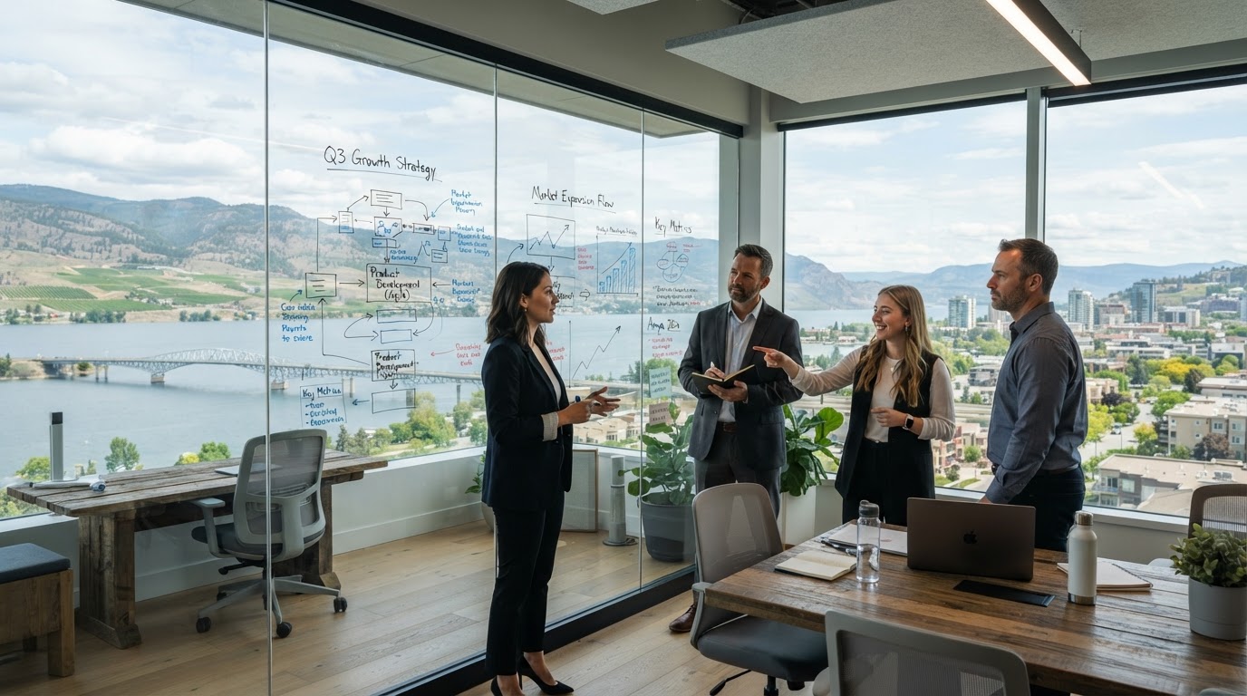 A business team configuring AI agent workflows in a Kelowna office overlooking Okanagan Lake