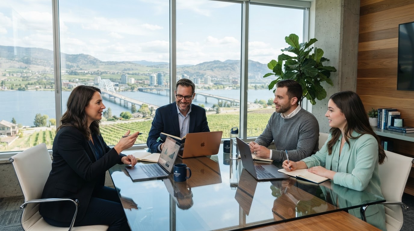 A business team collaborating in a bright Kelowna office overlooking Okanagan Lake
