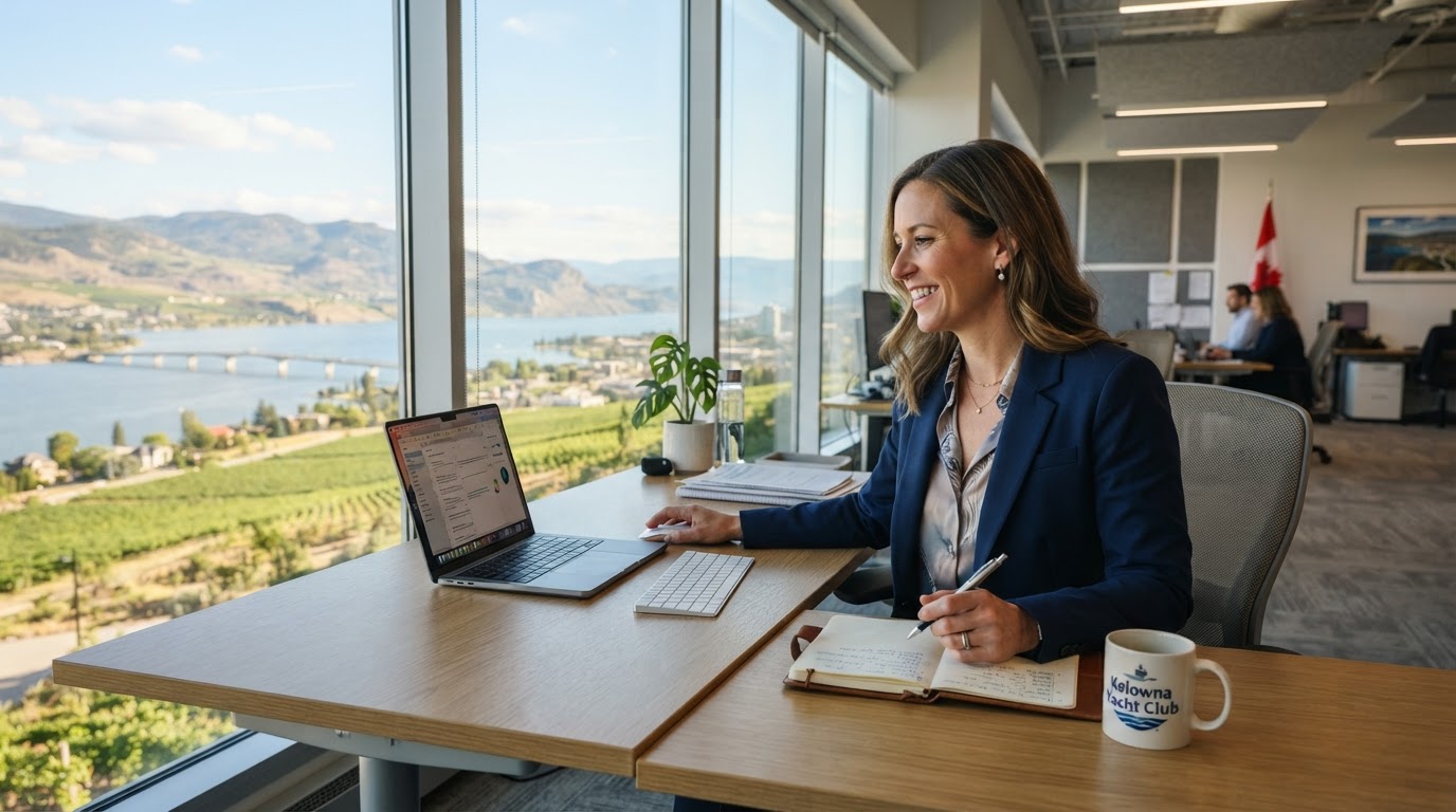 A business owner working at a modern desk with a panoramic view of Okanagan Lake in Kelowna, BC