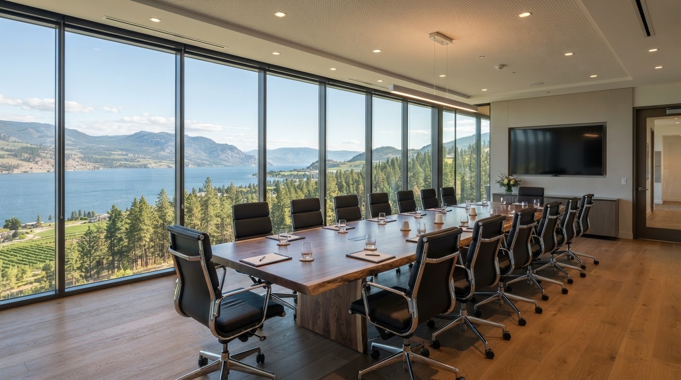 A modern boardroom with floor-to-ceiling windows overlooking Okanagan Lake in Kelowna, BC