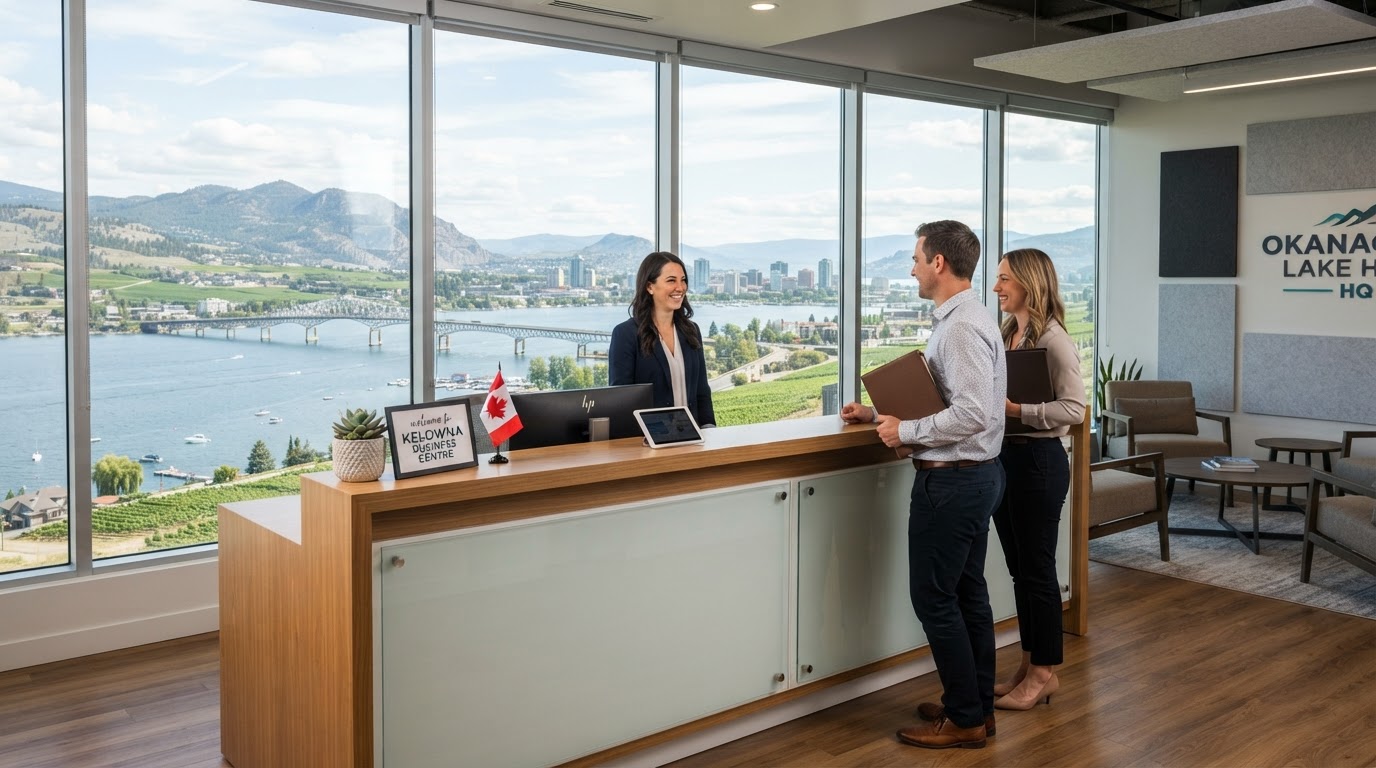 A modern Canadian business office reception with windows overlooking Okanagan Lake in Kelowna, BC