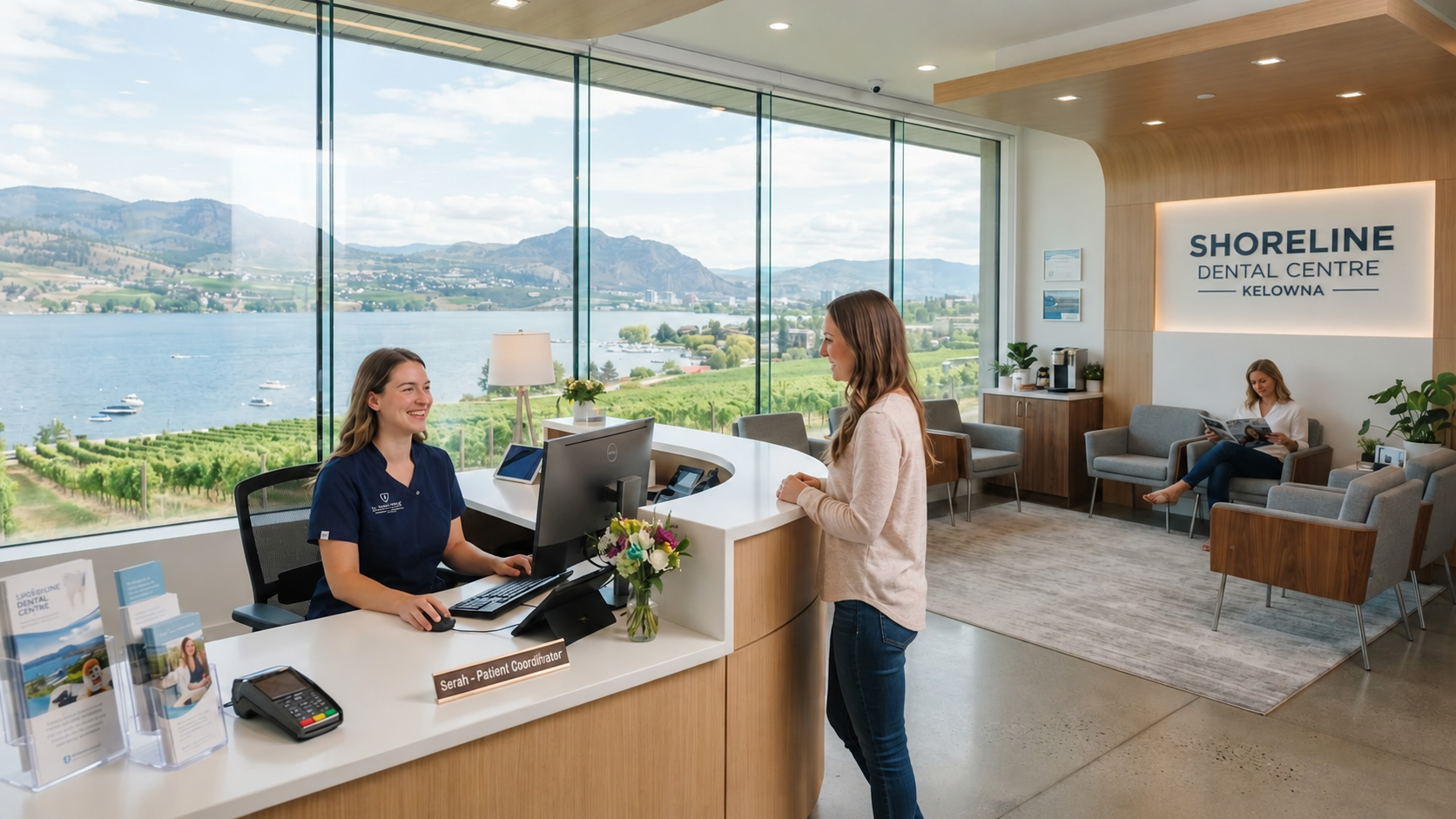 Shoreline Dental Centre reception area in Kelowna, BC, overlooking Okanagan Lake