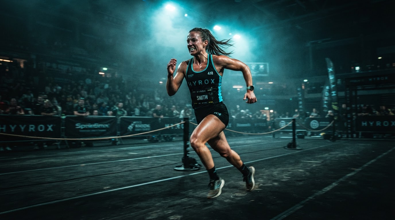 Hyrox athlete sprinting through an indoor race stadium under electric blue light