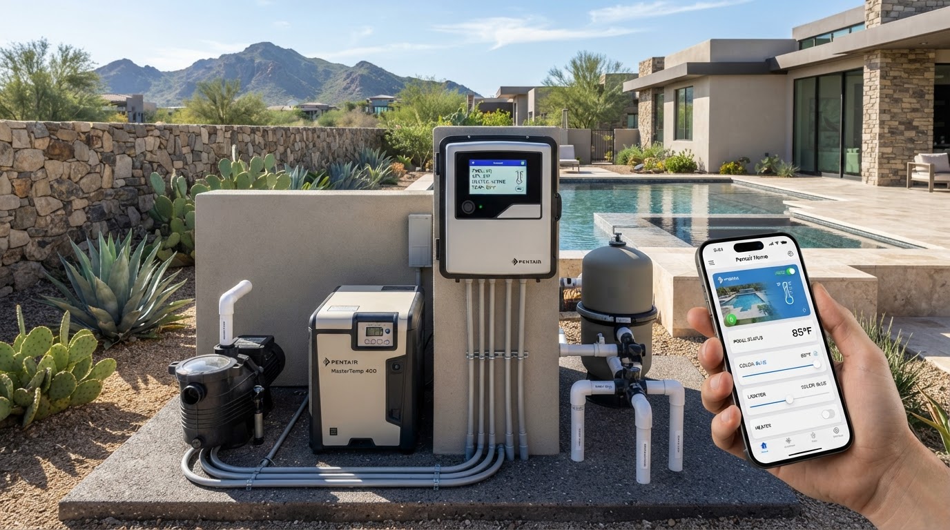 Pool automation control interface on a tablet by a swimming pool