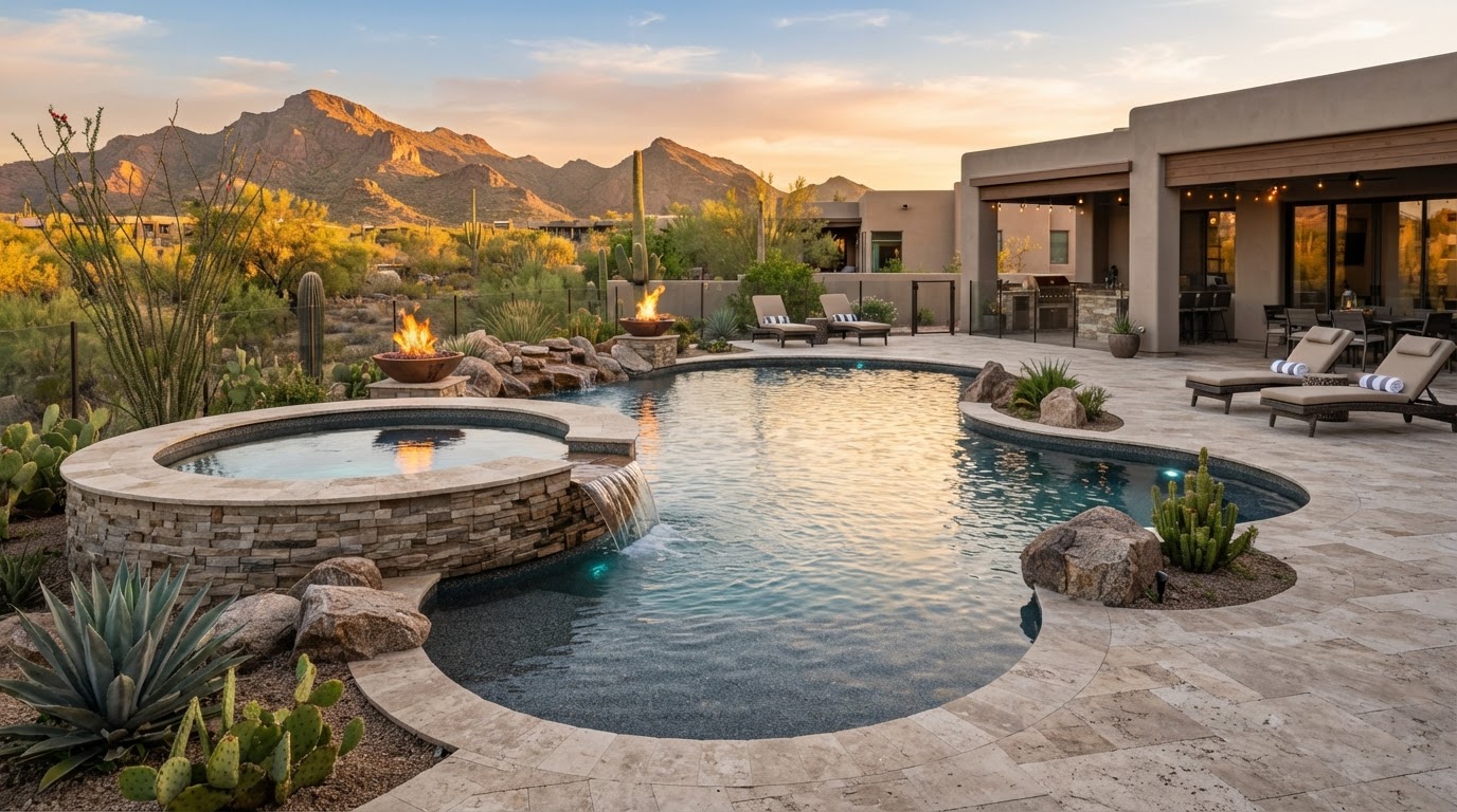 Pool and spa combination with raised spa and spillway