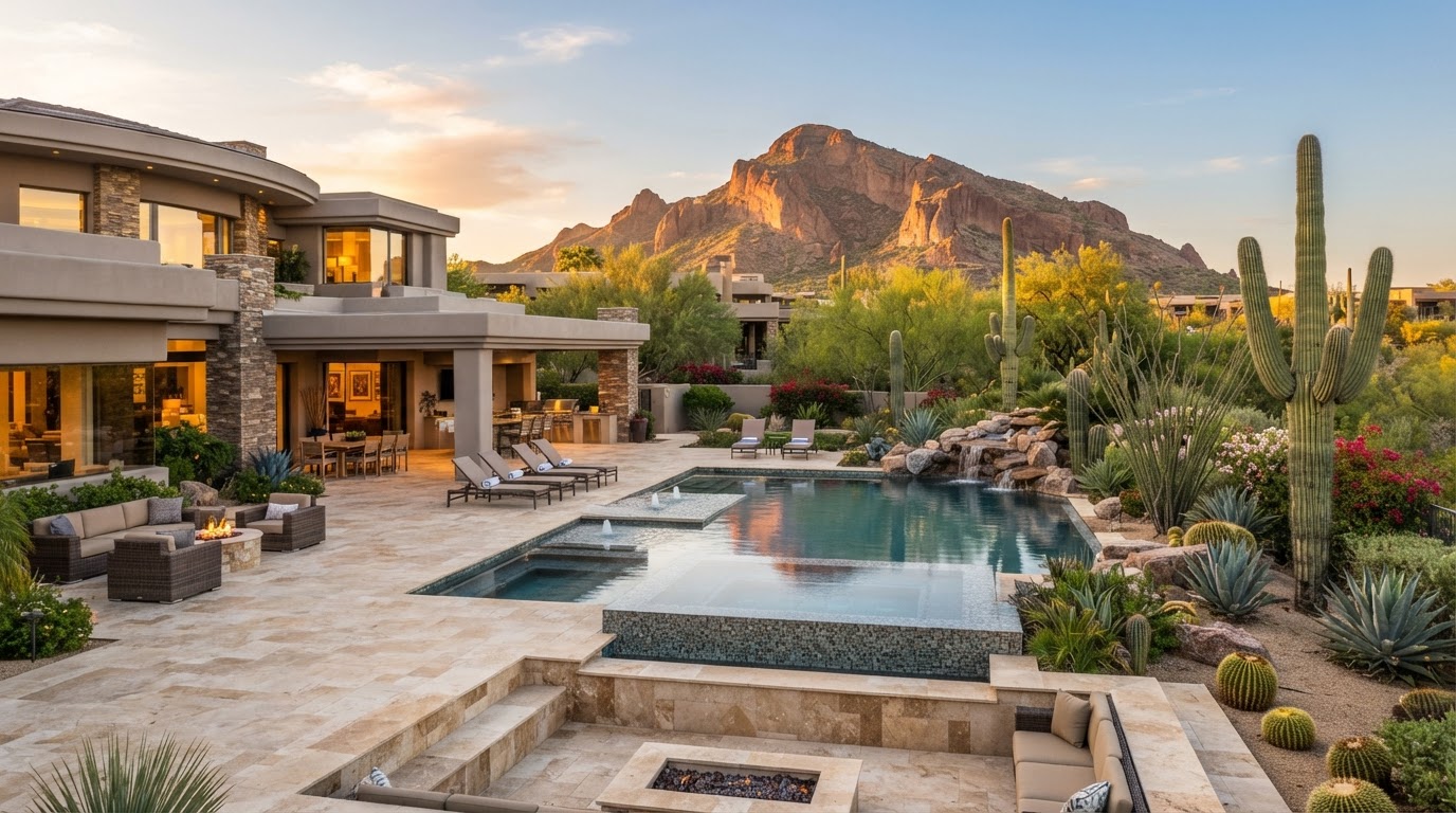 Estate backyard with luxury pool and mountain views in Paradise Valley