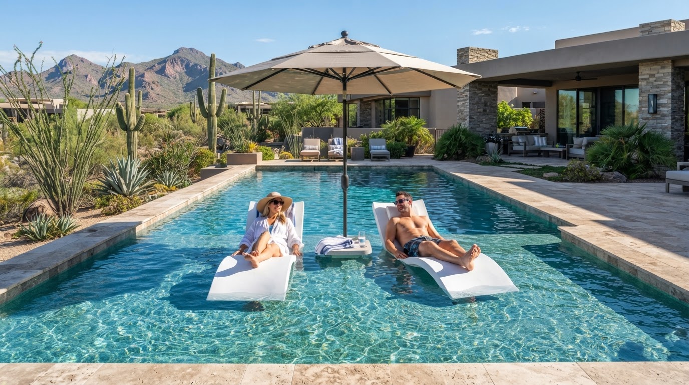 Baja shelf with shallow water and lounging chairs in a pool