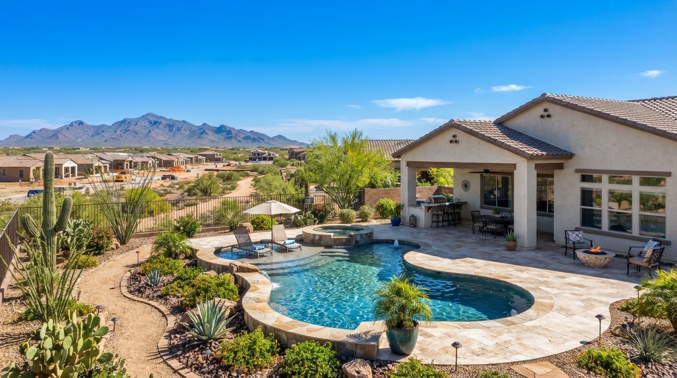 Custom pool in a Gilbert family community backyard