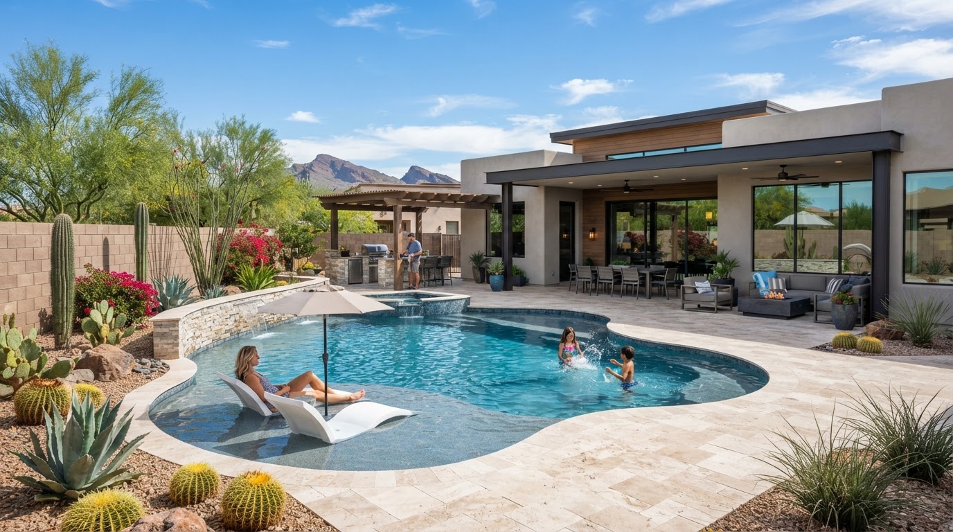 Custom family pool with baja shelf in a Tempe backyard