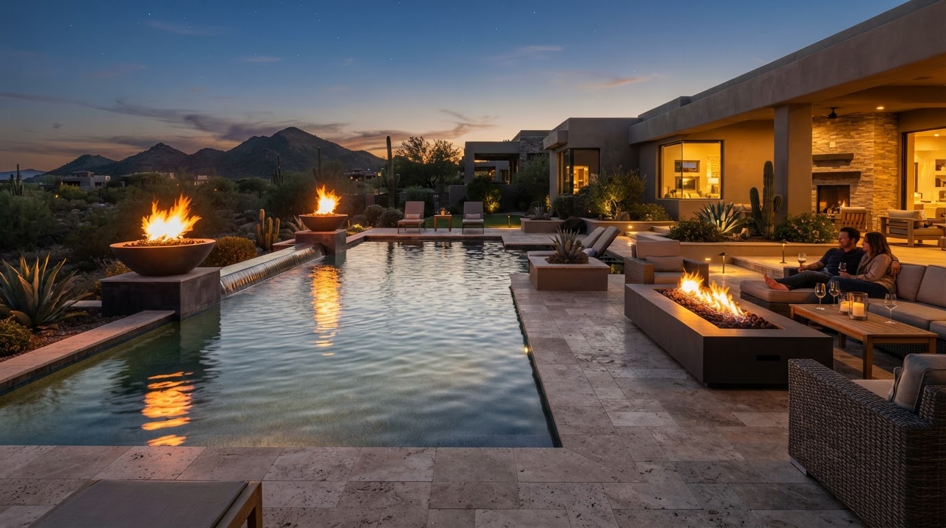 Fire bowl feature beside a swimming pool at dusk