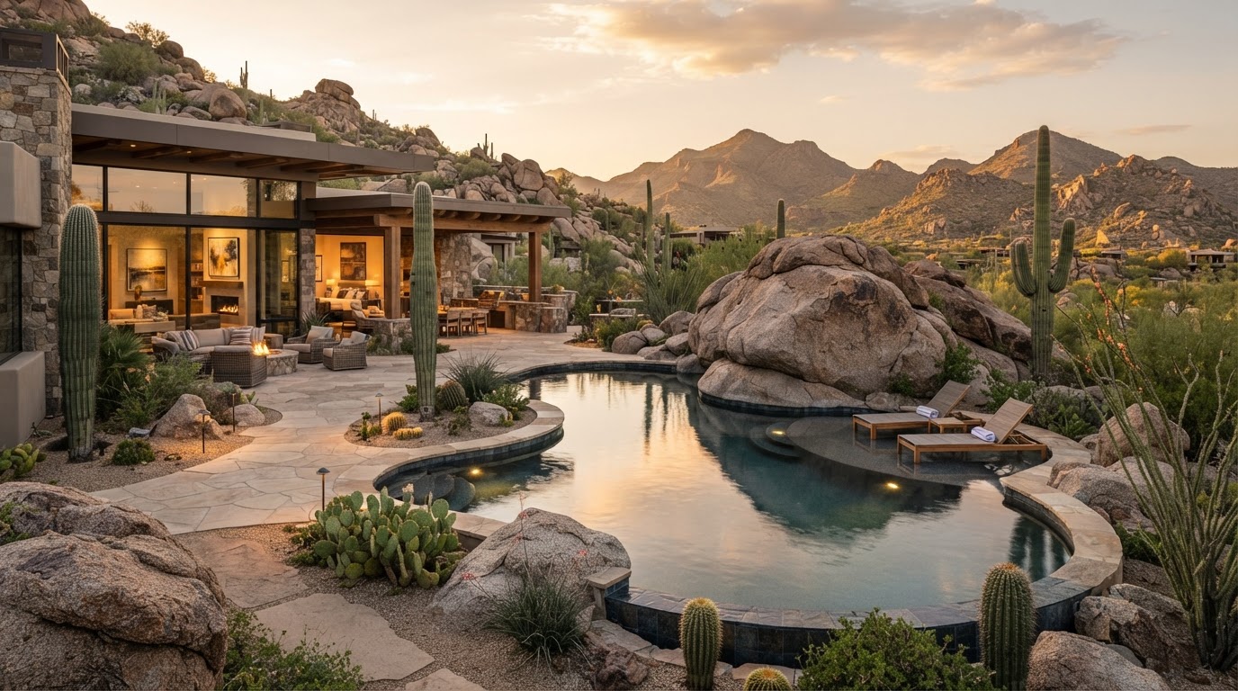 Custom pool among natural boulders and desert vegetation in Carefree
