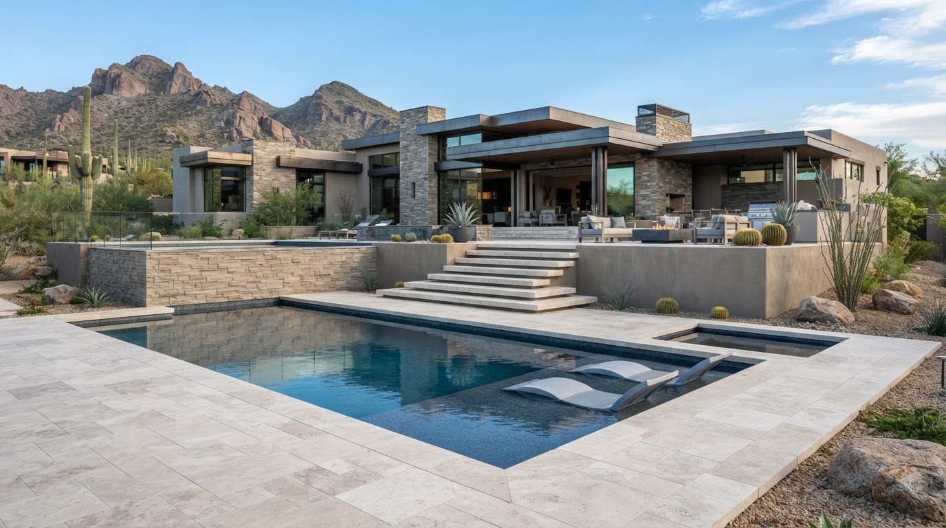Pool deck and hardscaping with seating area overlooking a swimming pool