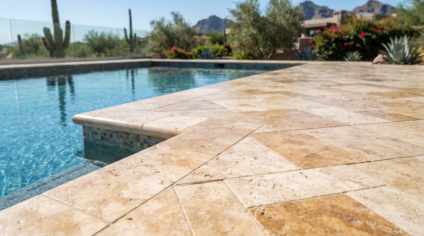 Travertine pool deck with natural stone finish around a swimming pool