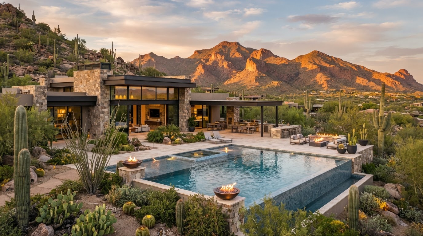 Custom pool with desert foothills views in North Phoenix