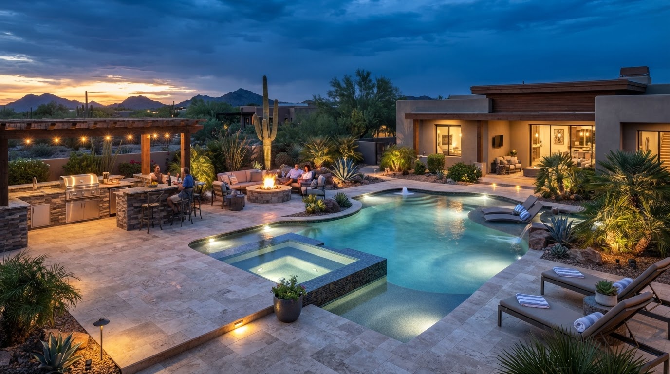 Complete backyard transformation with pool, patio and outdoor living designed as one space
