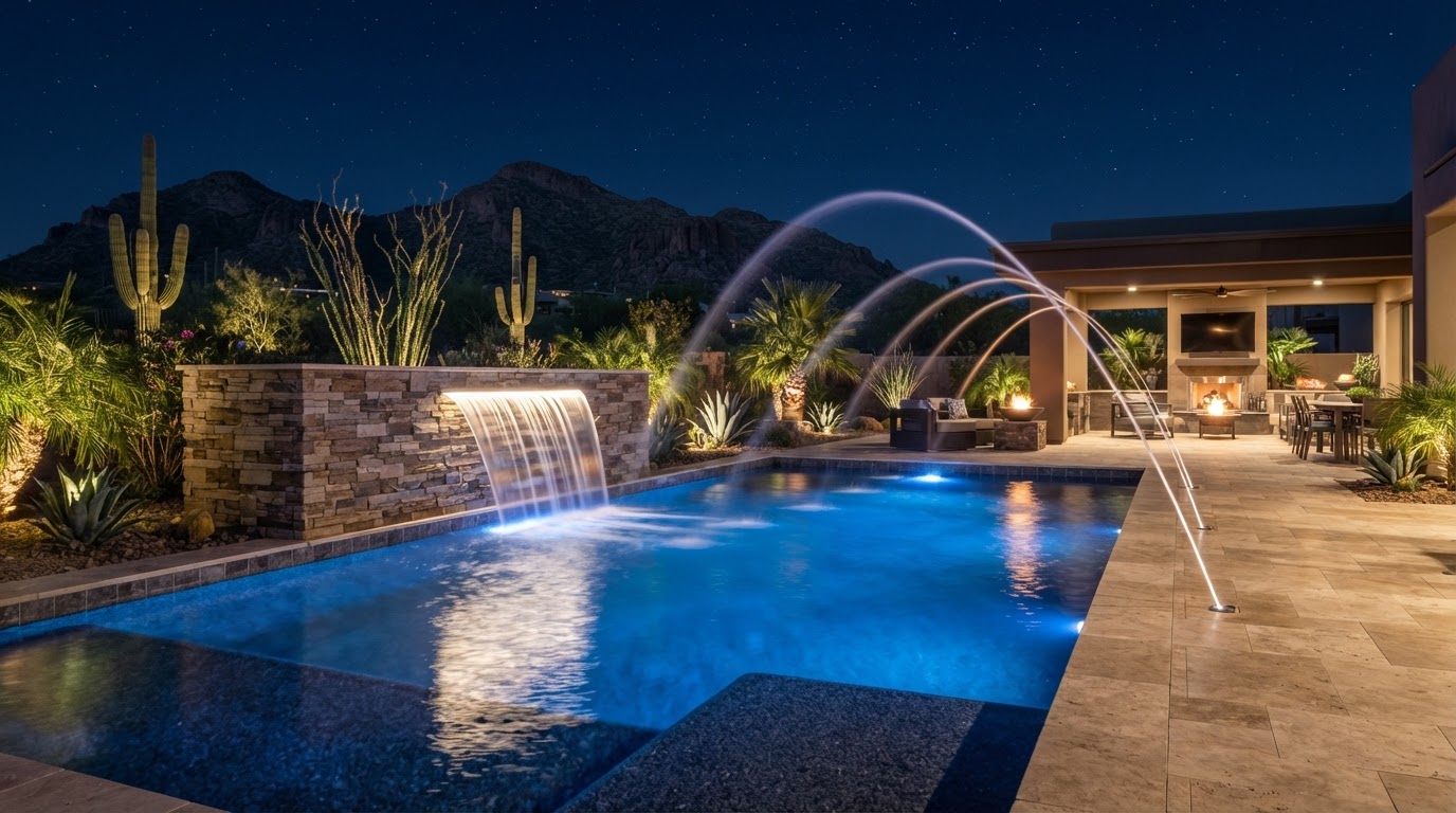 Pool water feature with spillway and flowing water