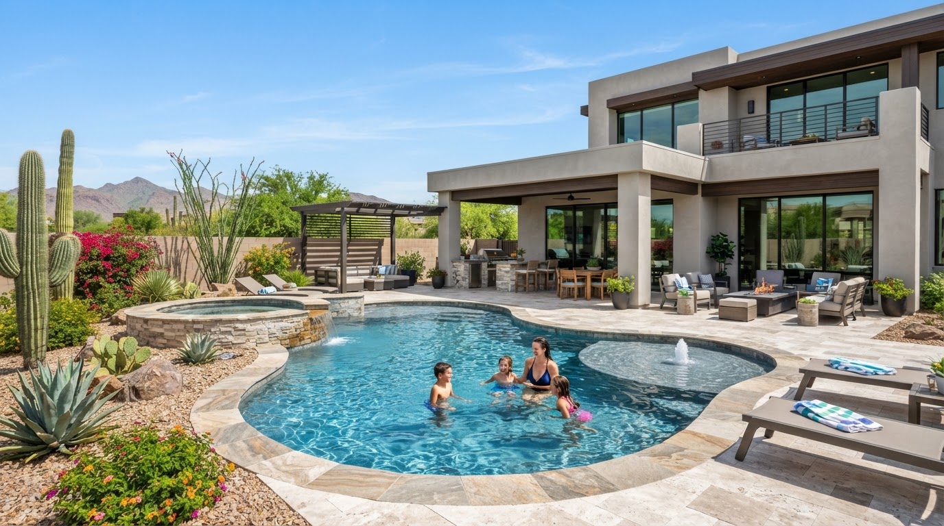 Contemporary backyard with custom pool in Chandler