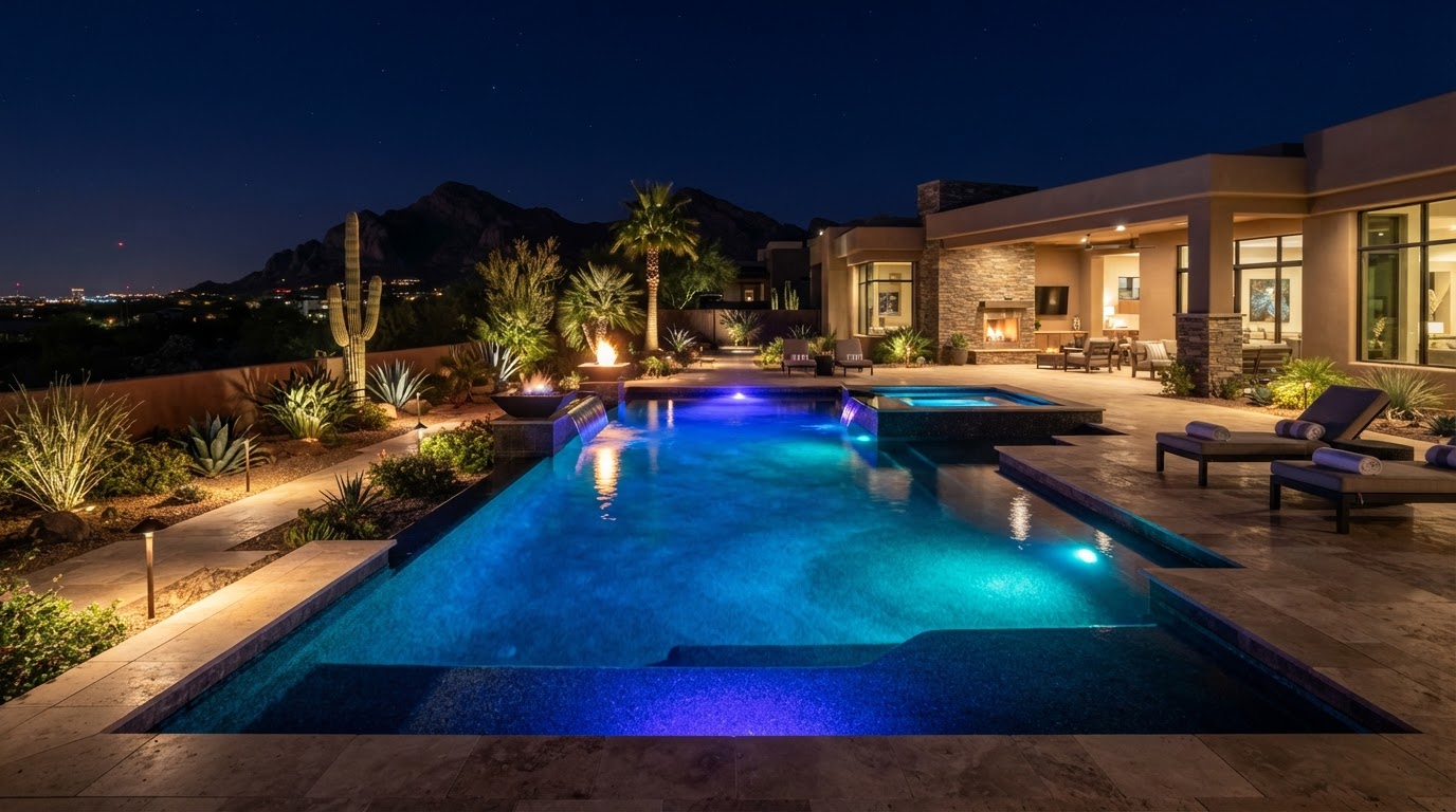 Swimming pool with LED lighting glowing at night