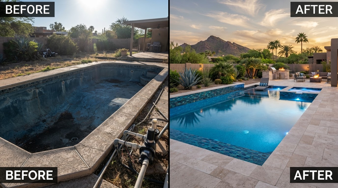 Remodeled swimming pool with new tile and finish