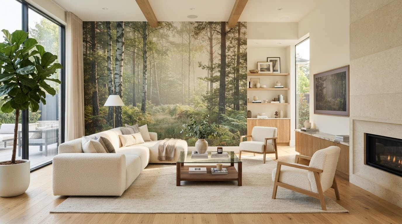 Residential feature wall with a forest mural