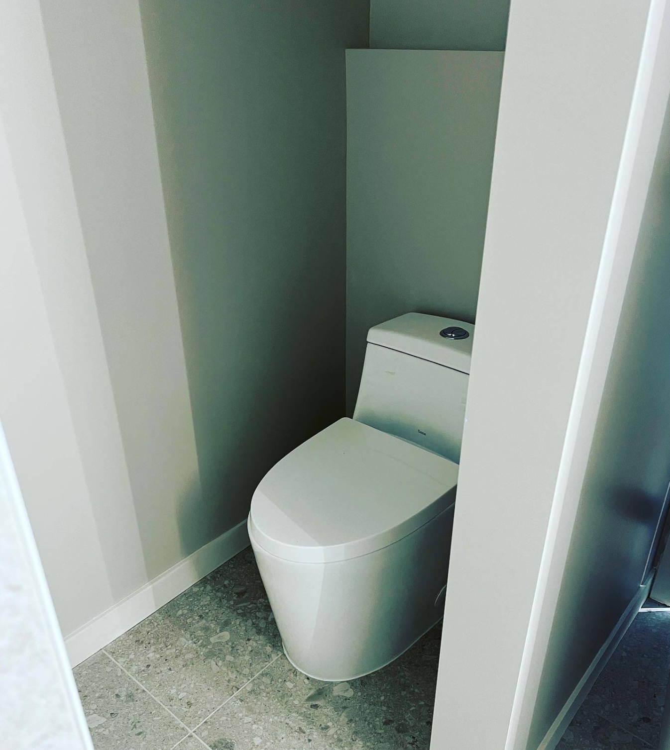 Installation toilette monobloc contemporaine dans alcôve