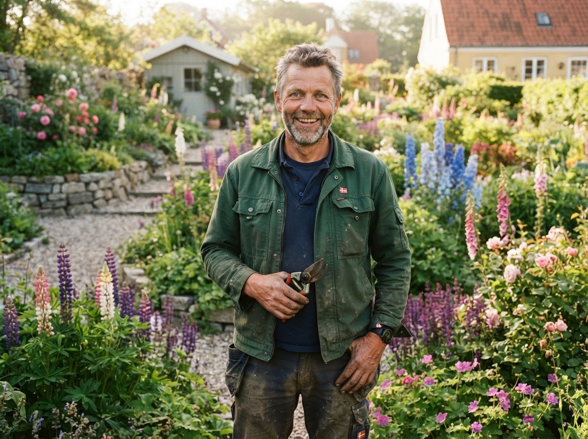 Anlægsgartner Søren Hvidtfeldt i en have han har anlagt, i lyst forårsmorgenslys