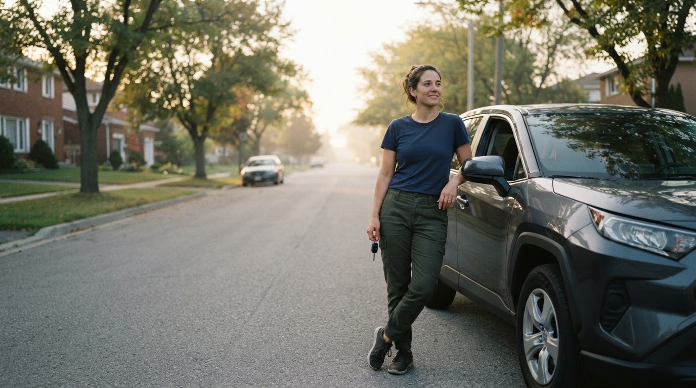 Spark delivery driver standing beside their car on a quiet street in the morning