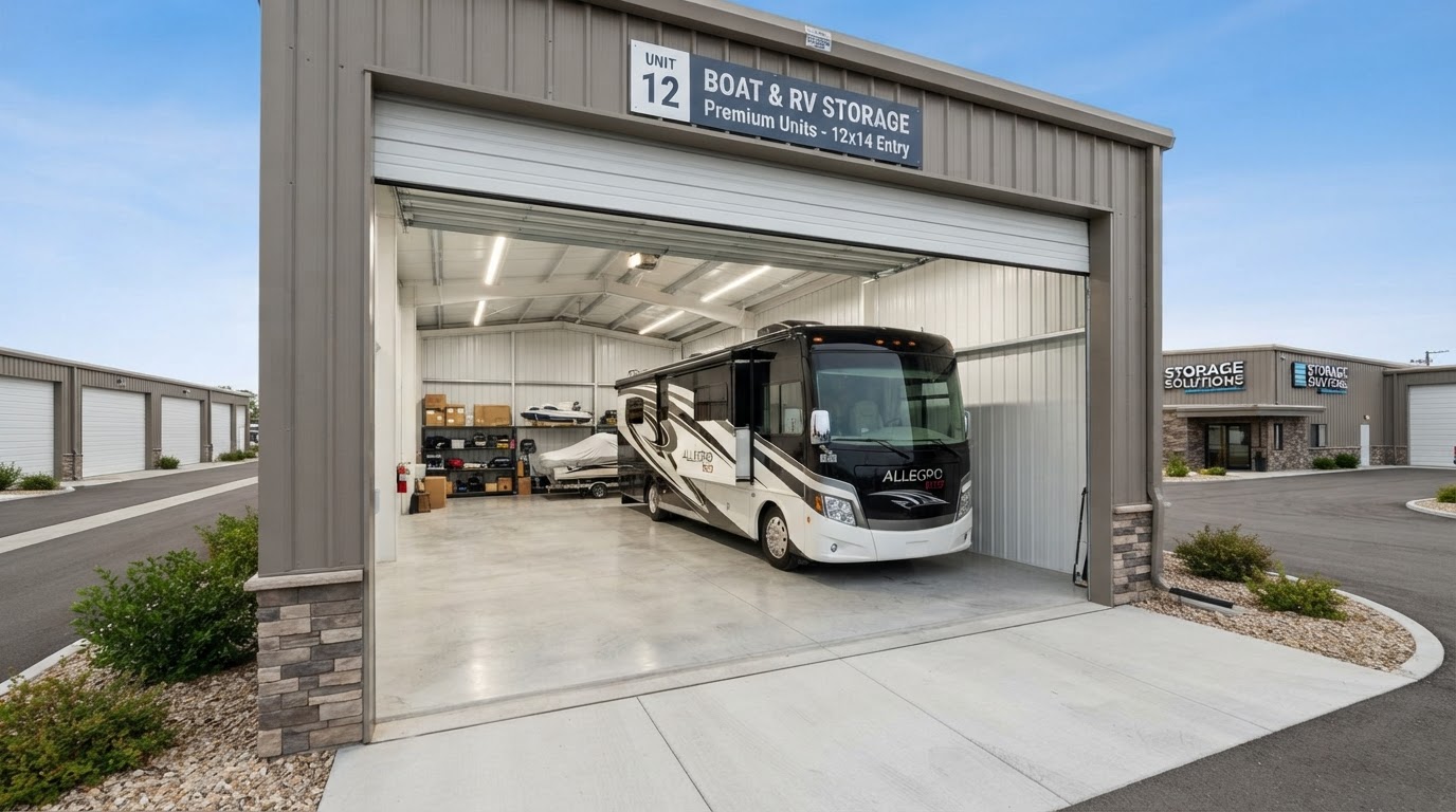 Enclosed boat and RV storage unit with roll-up door