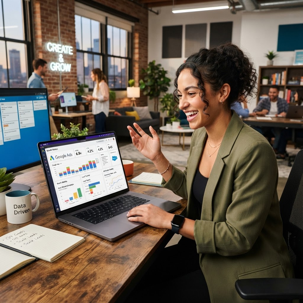 Marketer reviewing multi-channel ad metrics and campaign dashboards